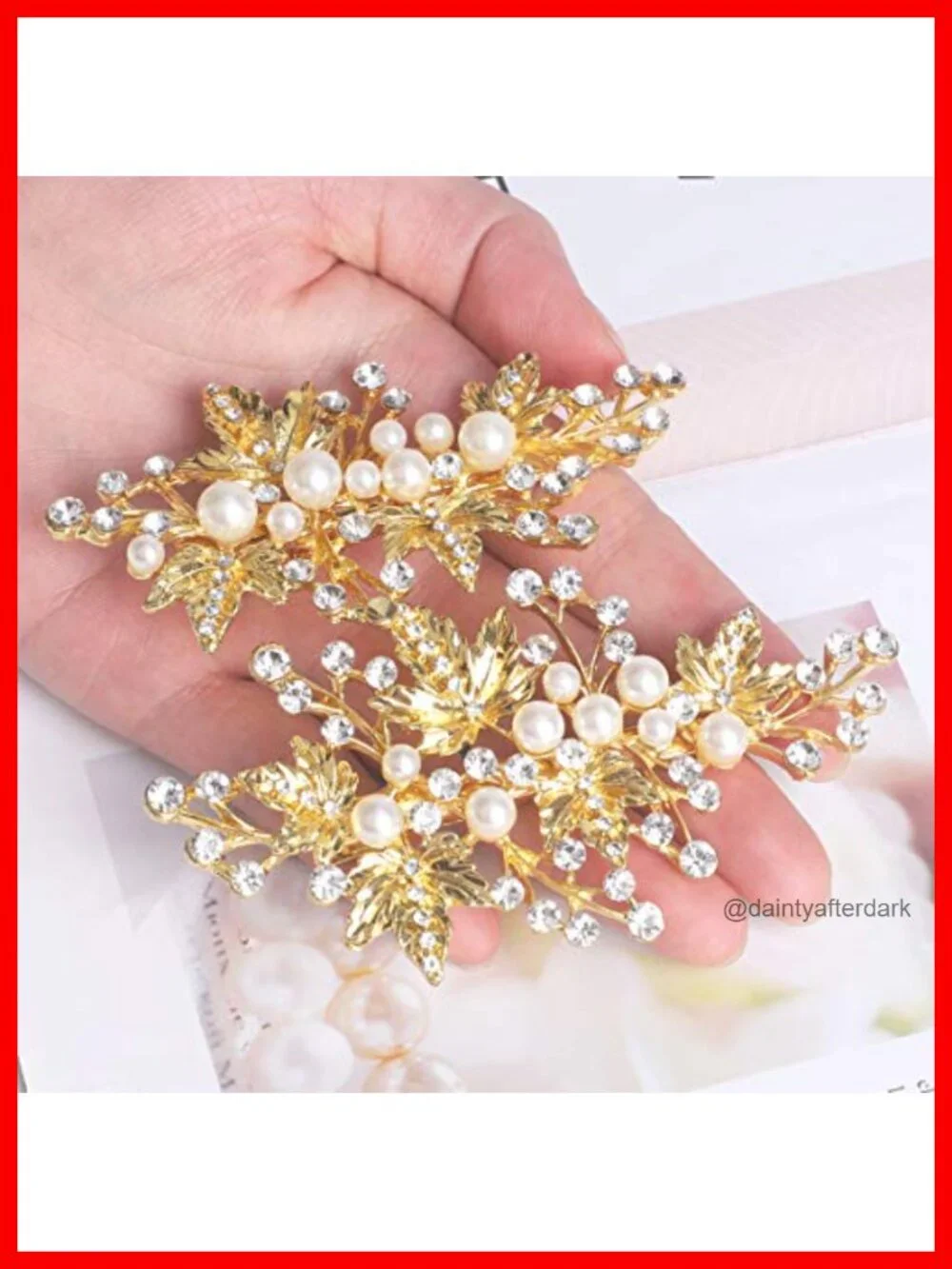 Rhinestone Pearl Alligator Hair Clips Set of 2 Leaf Design